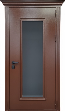 Стальная уличная термодверь с карнизом и большим остеклением (коричневое полимерное окрашивание) Стальная уличная термодверь с карнизом и большим остеклением (коричневое полимерное окрашивание)