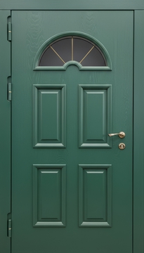 Стальная термодверь с полукруглым стеклом и зелеными панелями МДФ с багетом