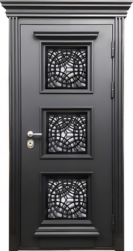 Порошковая дверь с багетным декором, остеклением и дизайнерской решеткой